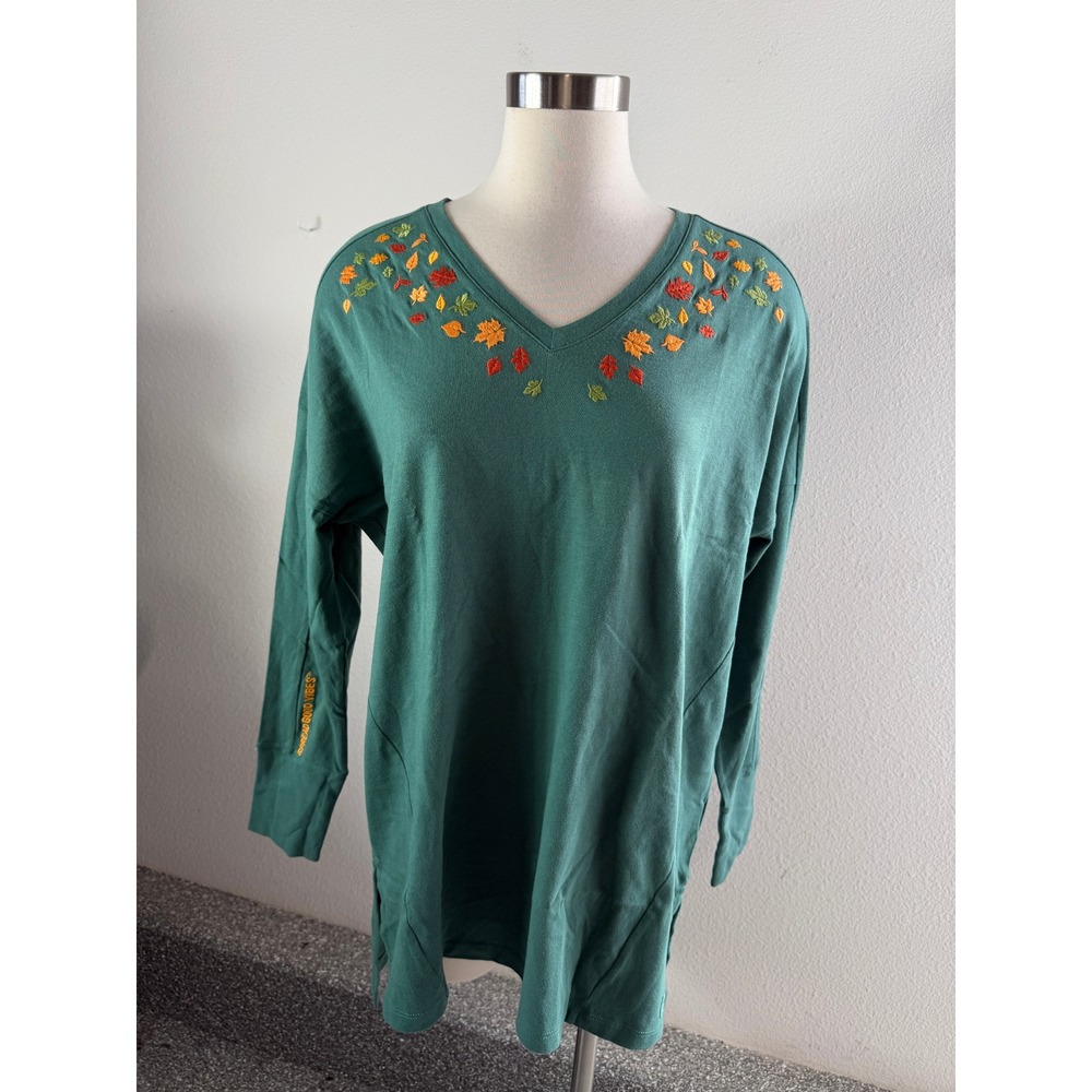 Life is Good Womens Medium Floral Embroidered T Shirt Teal Green Long Sleeve Top